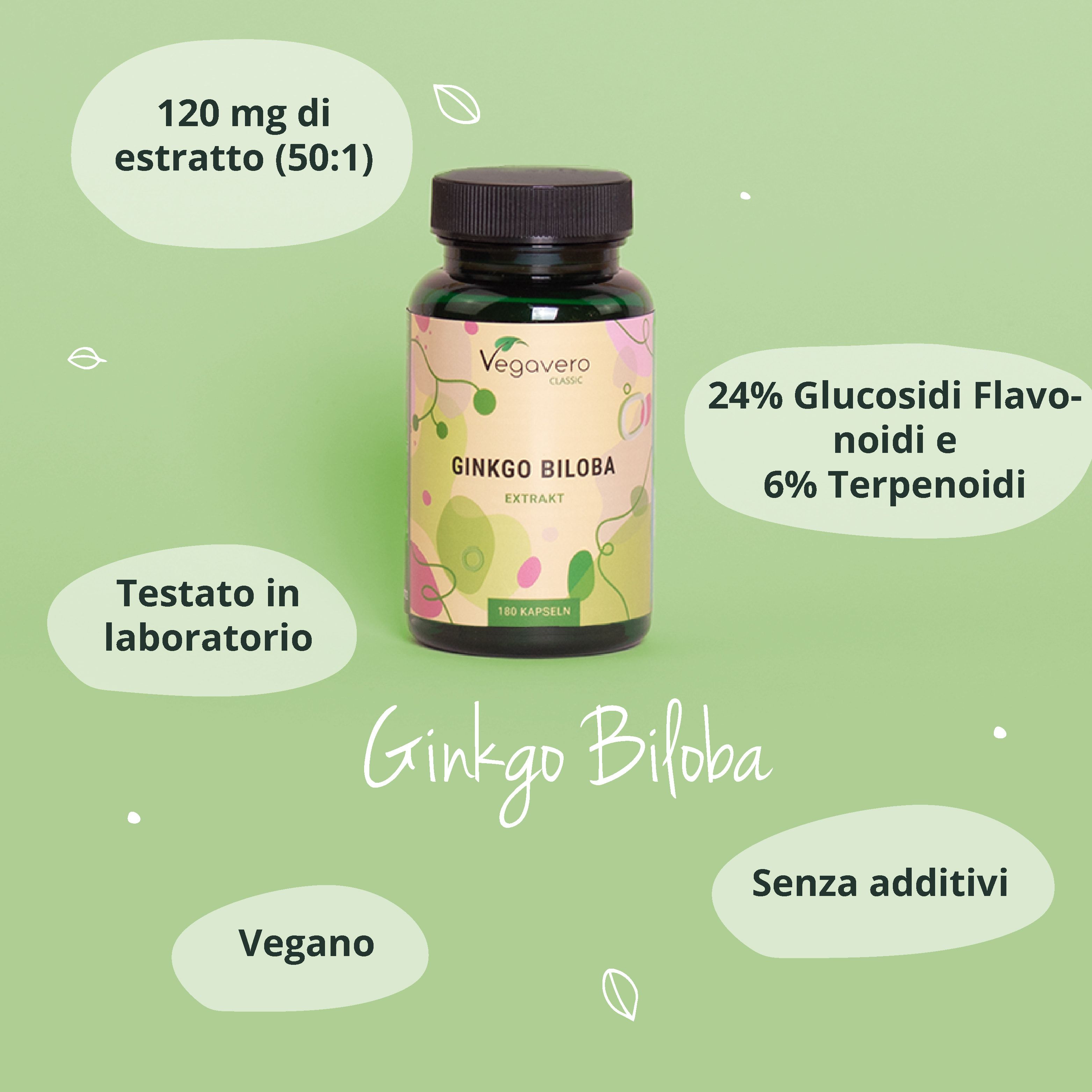 Bottiglia Ginkgo Biloba Extrakt. Informazioni: 120 mg estratto, 24% glucosidi flavonoidi, 6% terpenoidi. Vegano, senza additivi.