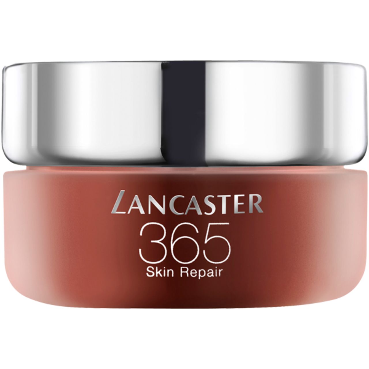 Vaso di crema con coperchio argentato. Scritta: Lancaster 365 Skin Repair. Vaso marrone.