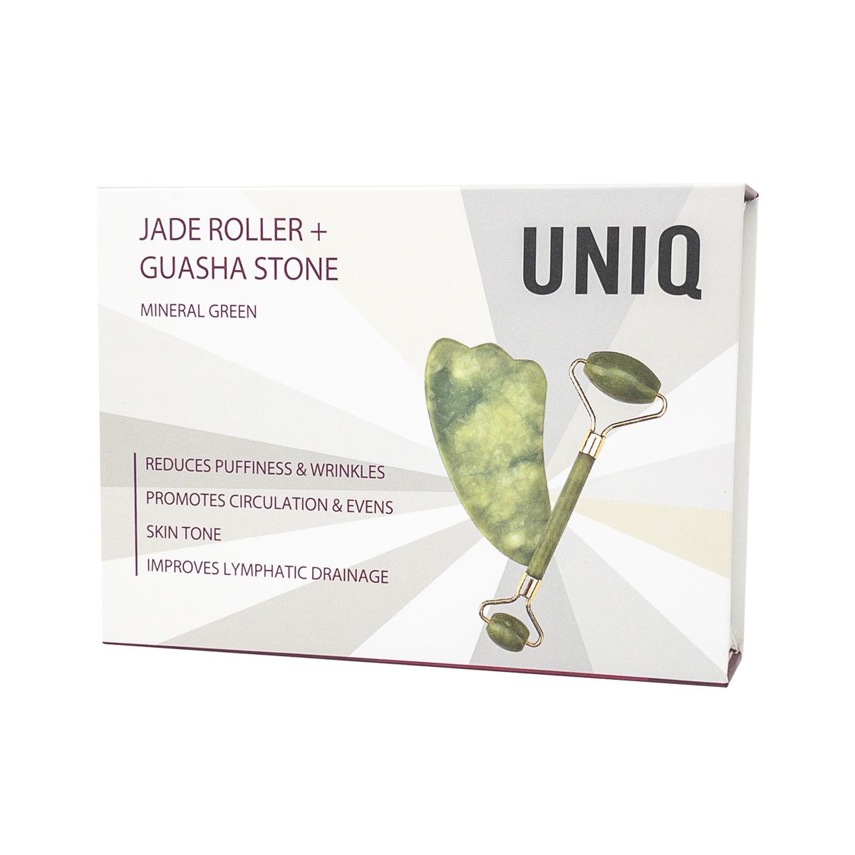 Confezione per UNIQ Jade Roller + Guasha Stone Verde Minerale. Include immagine del prodotto e aree di applicazione.