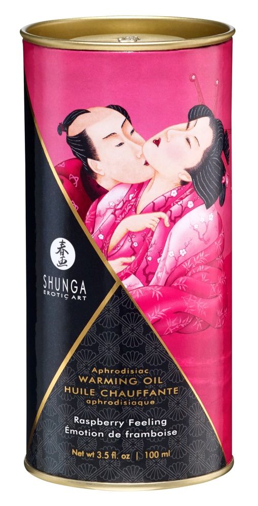 Flacone di olio riscaldante Shunga con motivo lampone e lattina abbinata.