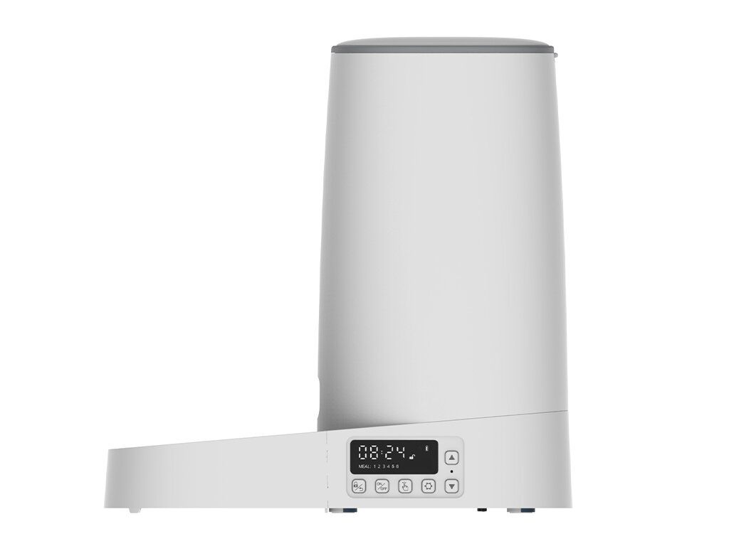 Distributore automatico di cibo bianco con display digitale e pulsanti. Coperchio grigio. Vista laterale.