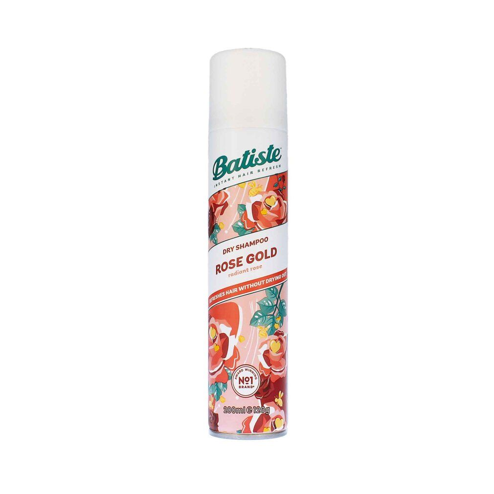 Batiste shampoo secco Rose Gold. Contenitore cilindrico con motivo floreale. Nome del prodotto e marchio visibili.