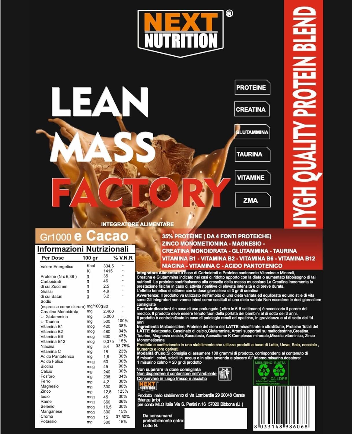Lean Mass Factory - Proteine Mass Gainer per Aumento Peso e Massa Muscolare | Creatina, Glutammina