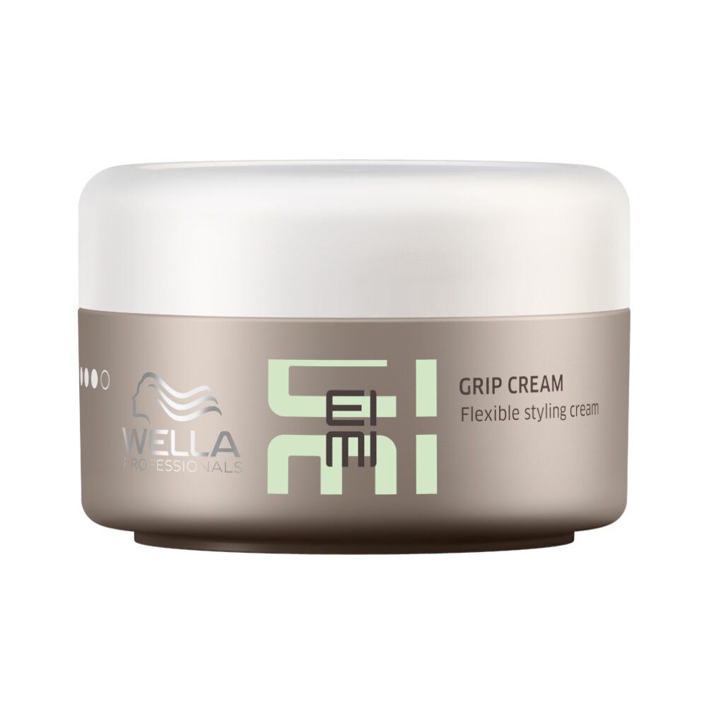 Barattolo di Wella Professionals Eimi Grip Cream. Contenitore grigio, coperchio bianco. Scritta: Eimi, Grip Cream, Wella Professionals.