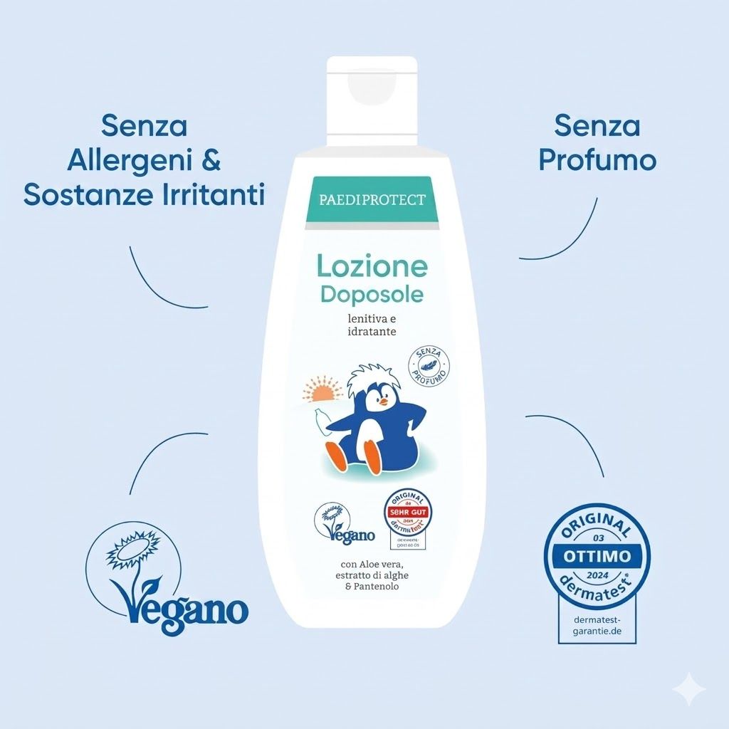 Flacone bianco PAEDIPROTECT Lozione Doposole. Vegano, senza allergeni, senza profumo. Sigillo Dermatest.