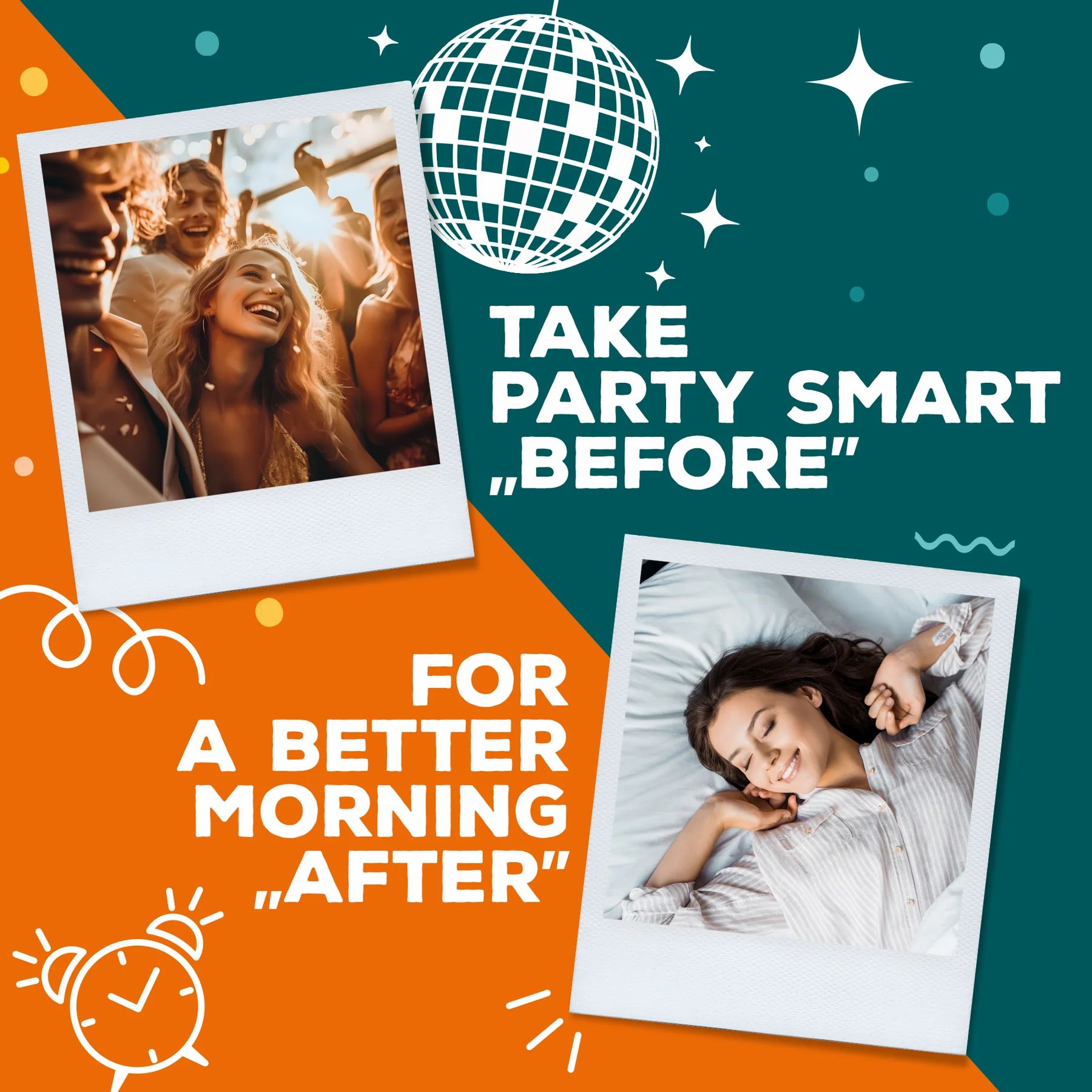 Immagine promozionale con foto di persone che si divertono. Contiene una capsula e il testo 'Take Party Smart Before'.