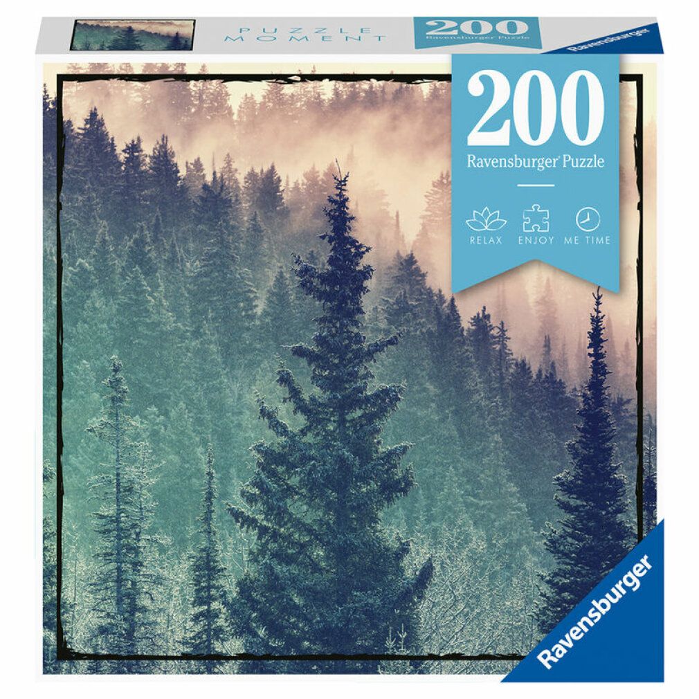 Puzzle Ravensburger da 200 pezzi. Confezione con paesaggio forestale. Marchio e numero di pezzi visibili.
