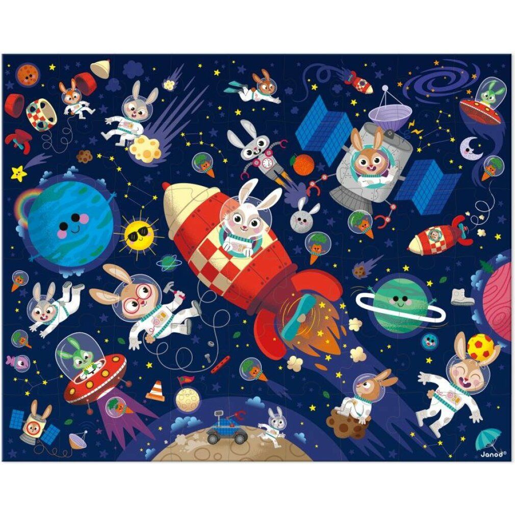 Puzzle Janod, 54 pezzi. Illustrazione di conigli in tuta spaziale, razzi, pianeti e stelle. Puzzle completato.