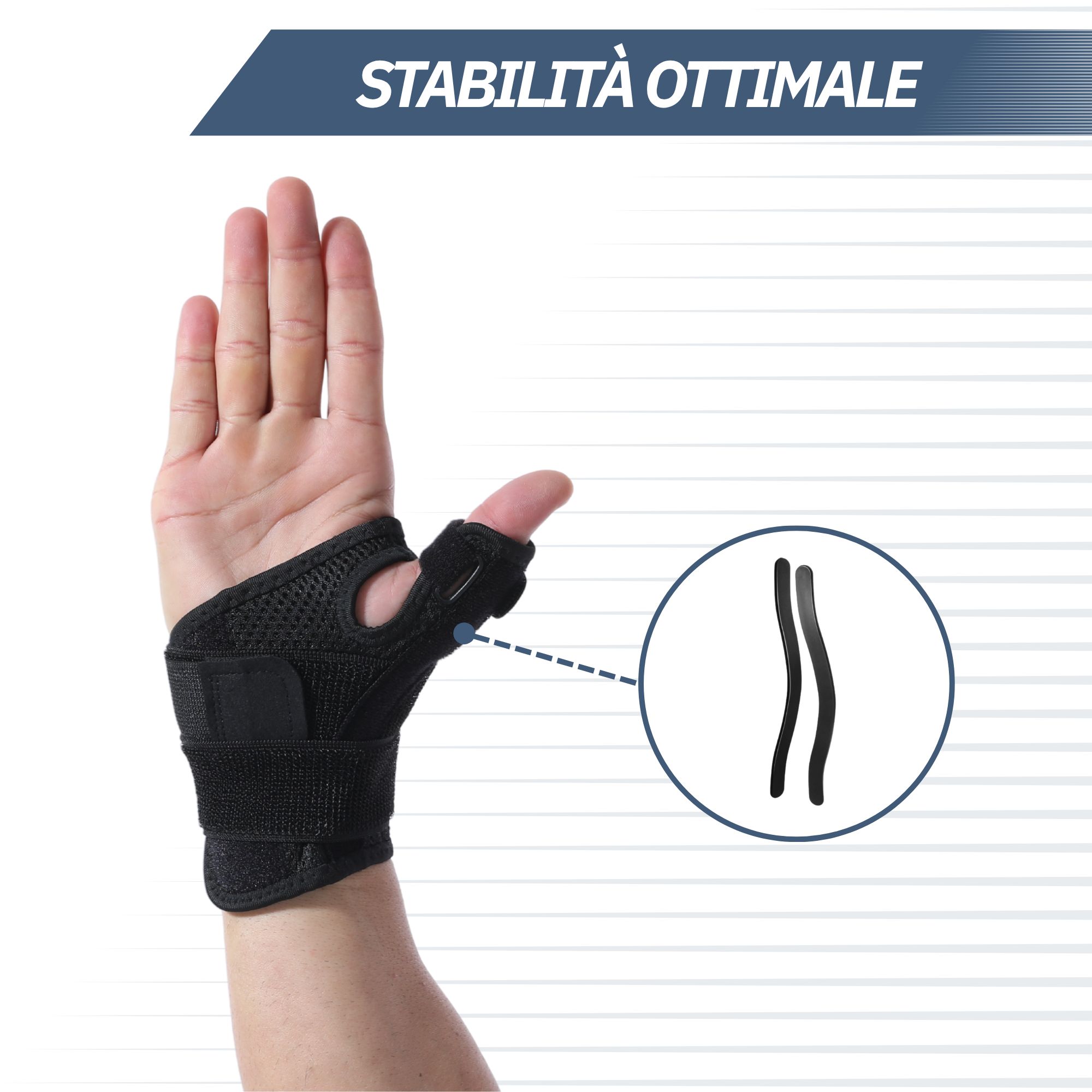 Stabilizzatore nero per polso e pollice con passante per il pollice, tessuto traspirante e velcro.