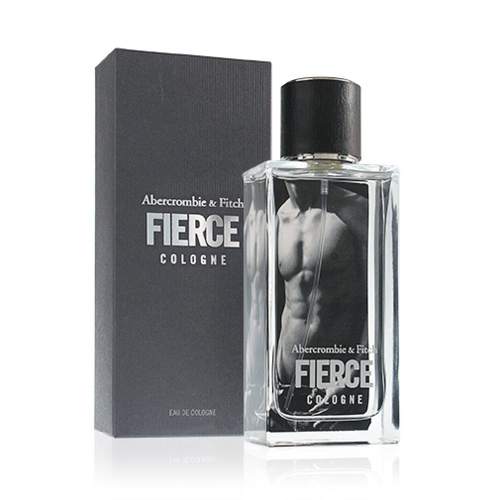 Flacone e scatola di Abercrombie & Fitch Fierce Cologne. Flacone rettangolare con tappo nero. Scatola nera con logo.