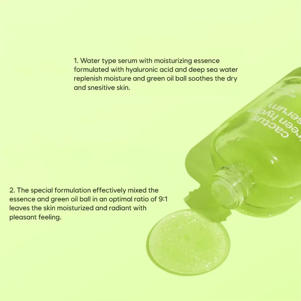 Descrizione del prodotto con testo. Contiene globuli verdi e liquido. Scritta: YADAH Kaktus Green Hydra Serum.