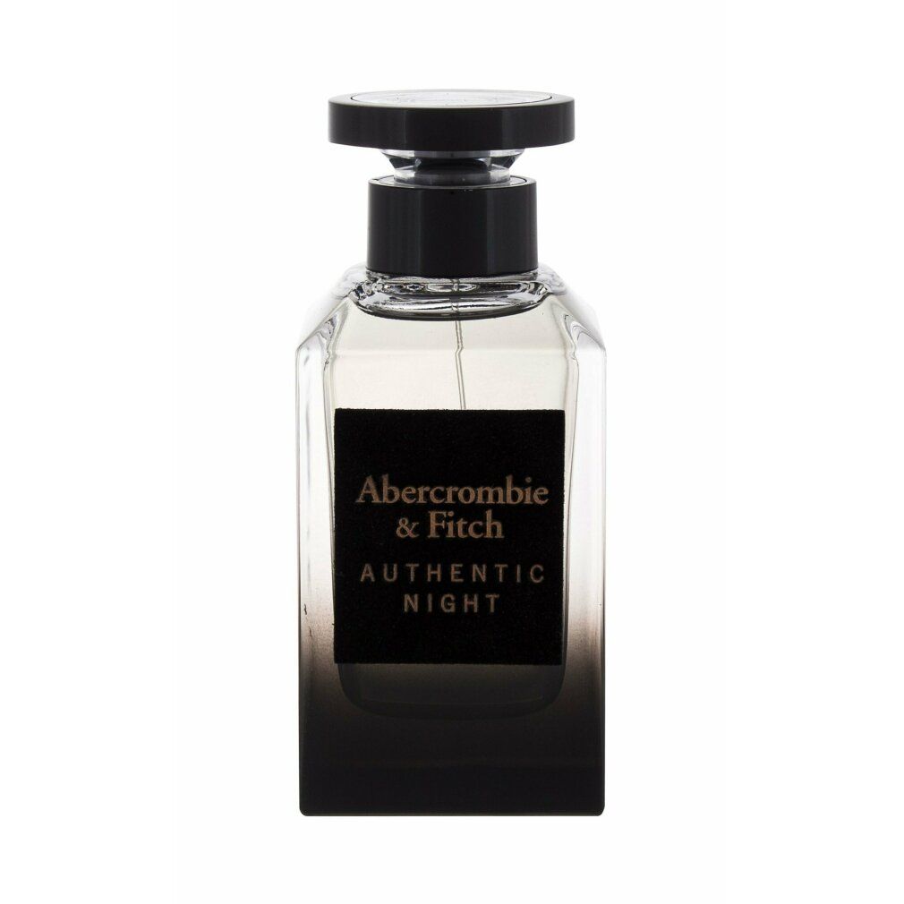 Flacone in vetro con tappo ed etichetta neri. Testo: Abercrombie & Fitch AUTHENTIC NIGHT. Sfumatura da chiaro a scuro.