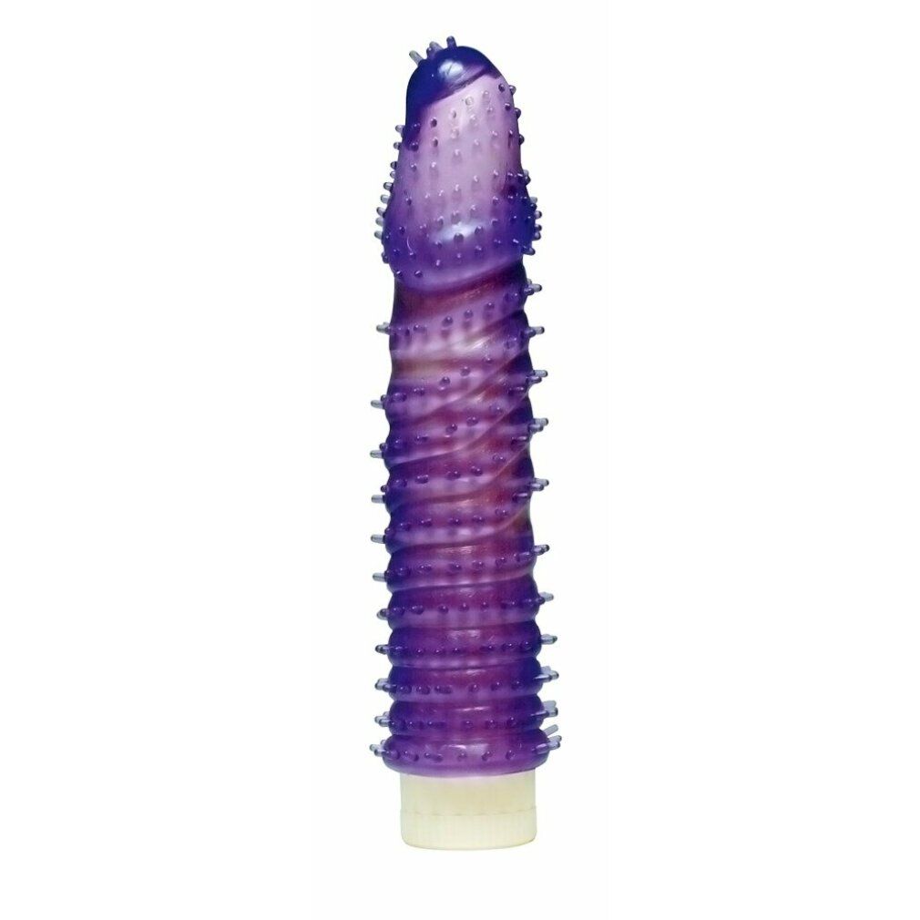 Guaina per pene con borchie. Guaina viola con borchie, su una base bianca. Forma cilindrica con strutture in rilievo.