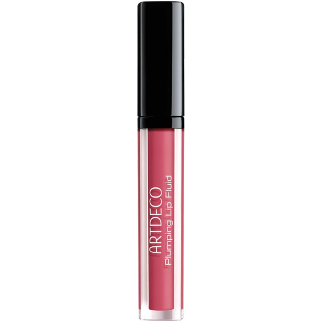Artdeco Plumping Lip Fluid. Liquido rosa in un contenitore trasparente con tappo nero. Nome del prodotto e marchio visibili.