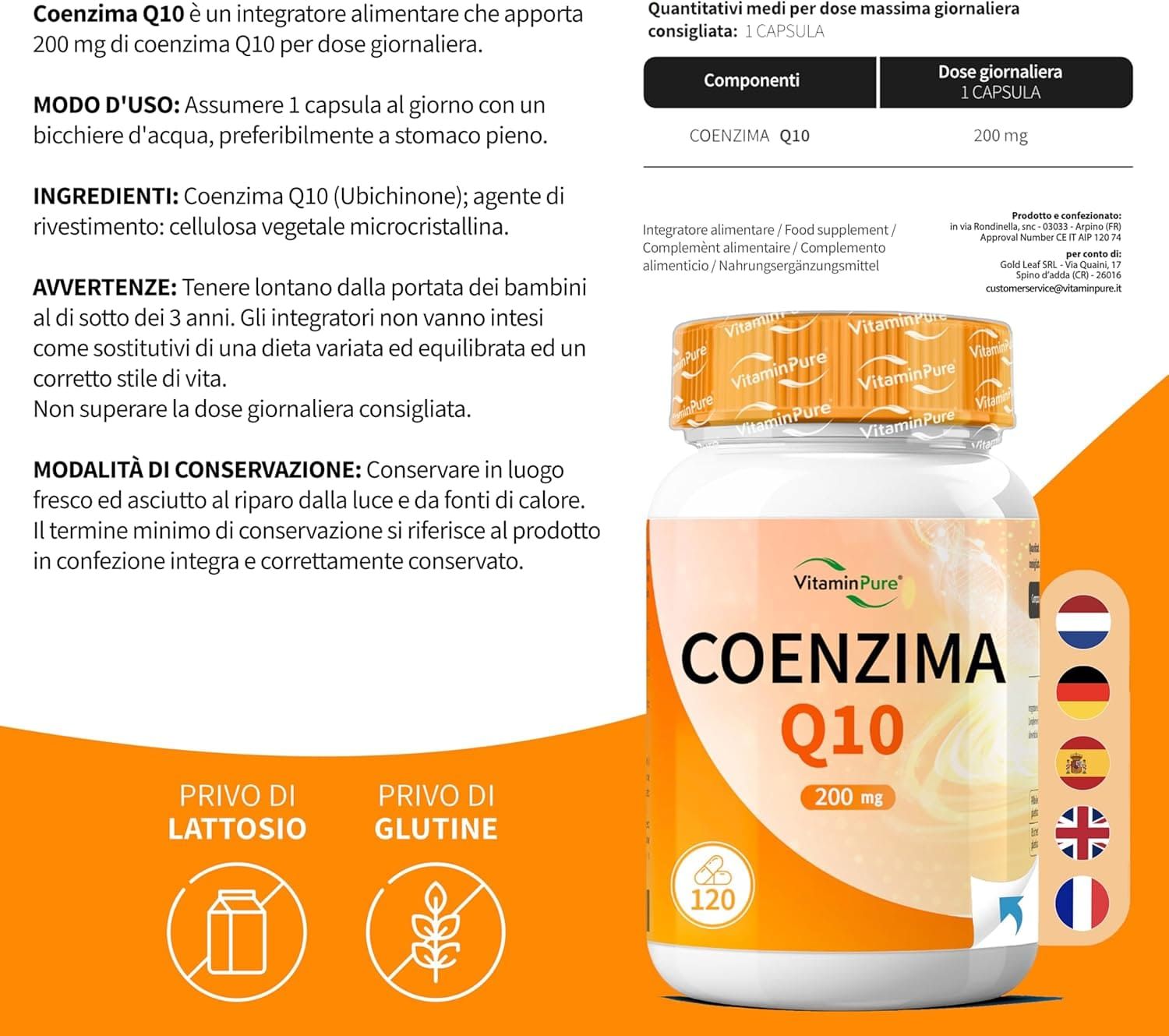 Flacone di Coenzima Q10 200 mg, senza lattosio e glutine.
