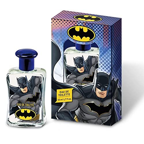 Flacone con motivo Batman e confezione. Scritta 'Eau de Toilette'. Confezione con logo e illustrazione di Batman.
