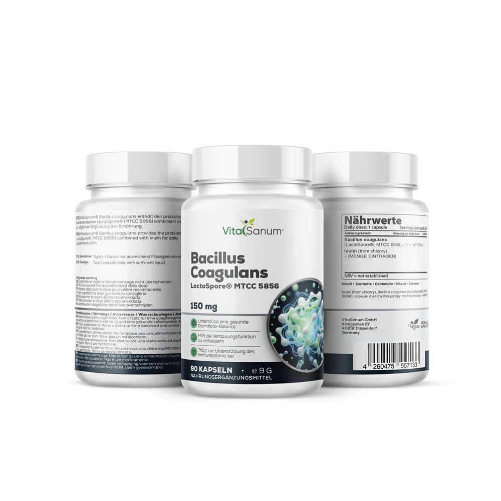 Tre contenitori VitaSanum® Bacillus Coagulans LactoSpore® Capsule. Contenitore anteriore mostra etichetta con coltura batterica.