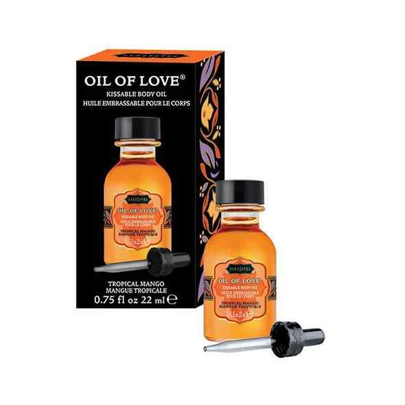 Olio corpo mango tropicale in bottiglia e confezione. Tappo e pipetta neri. Scritta: Oil of Love.