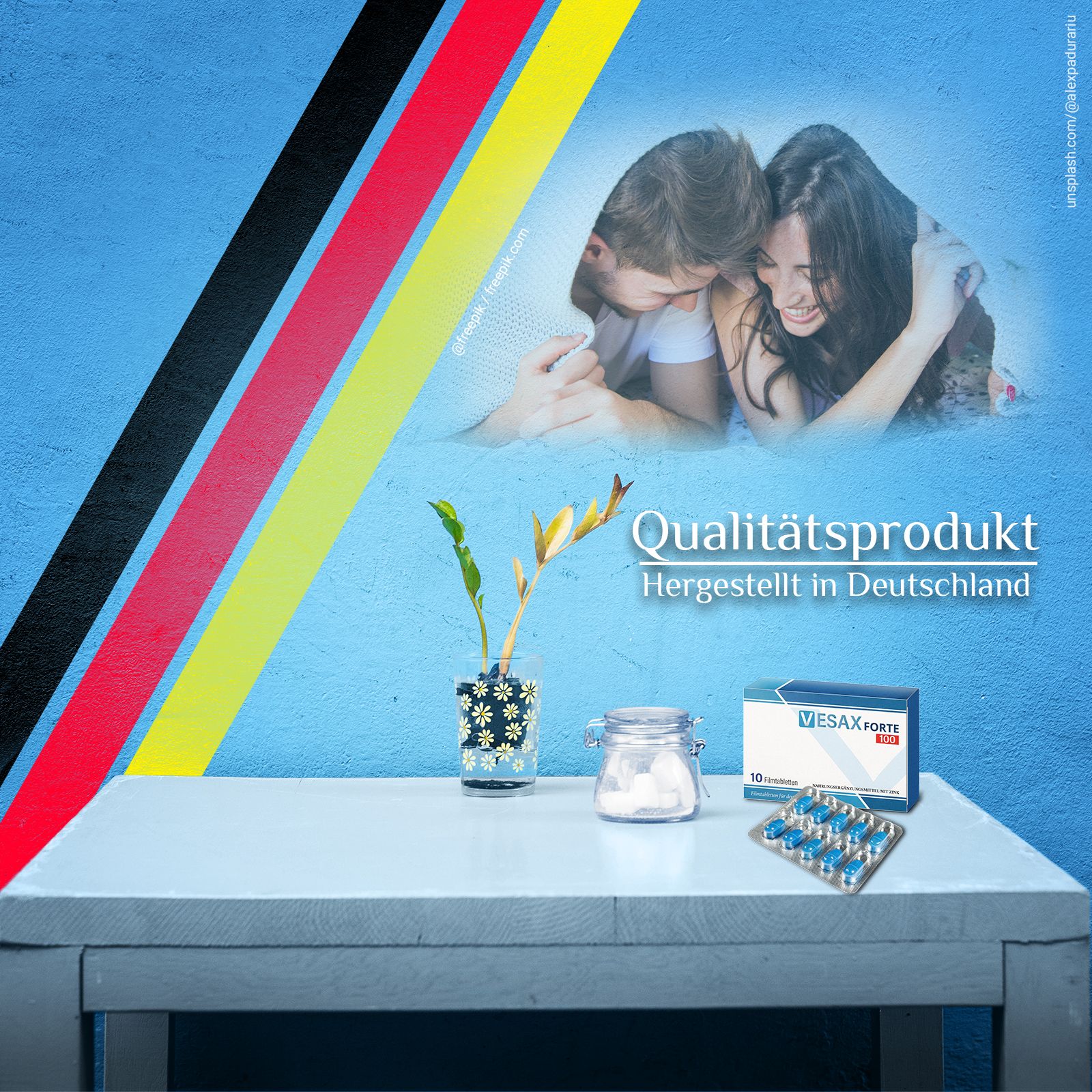 Scatola e blister di compresse blu. Testo: Vesax Forte 100. Prodotto di qualità, fabbricato in Germania. Su un tavolo.