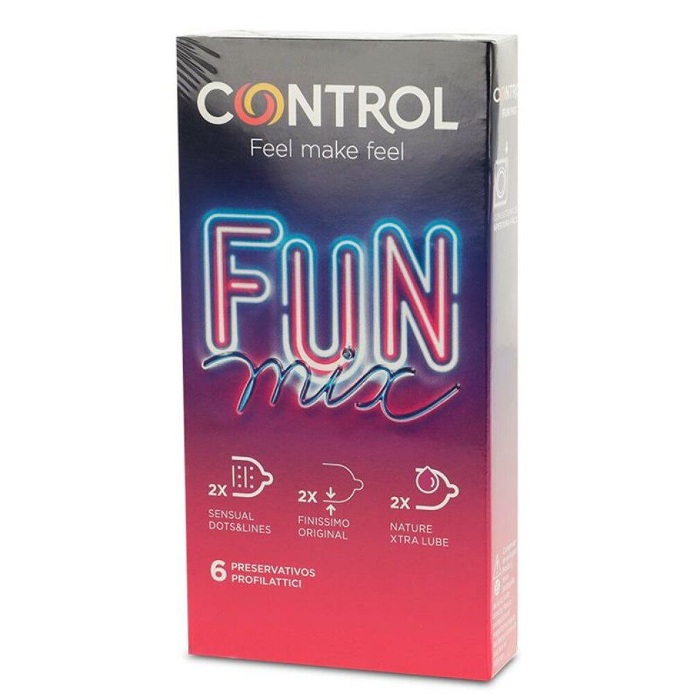 Confezione di preservativi Control Fun Mix. Contiene 6 preservativi con diverse caratteristiche. Design neon con il nome del prodotto.