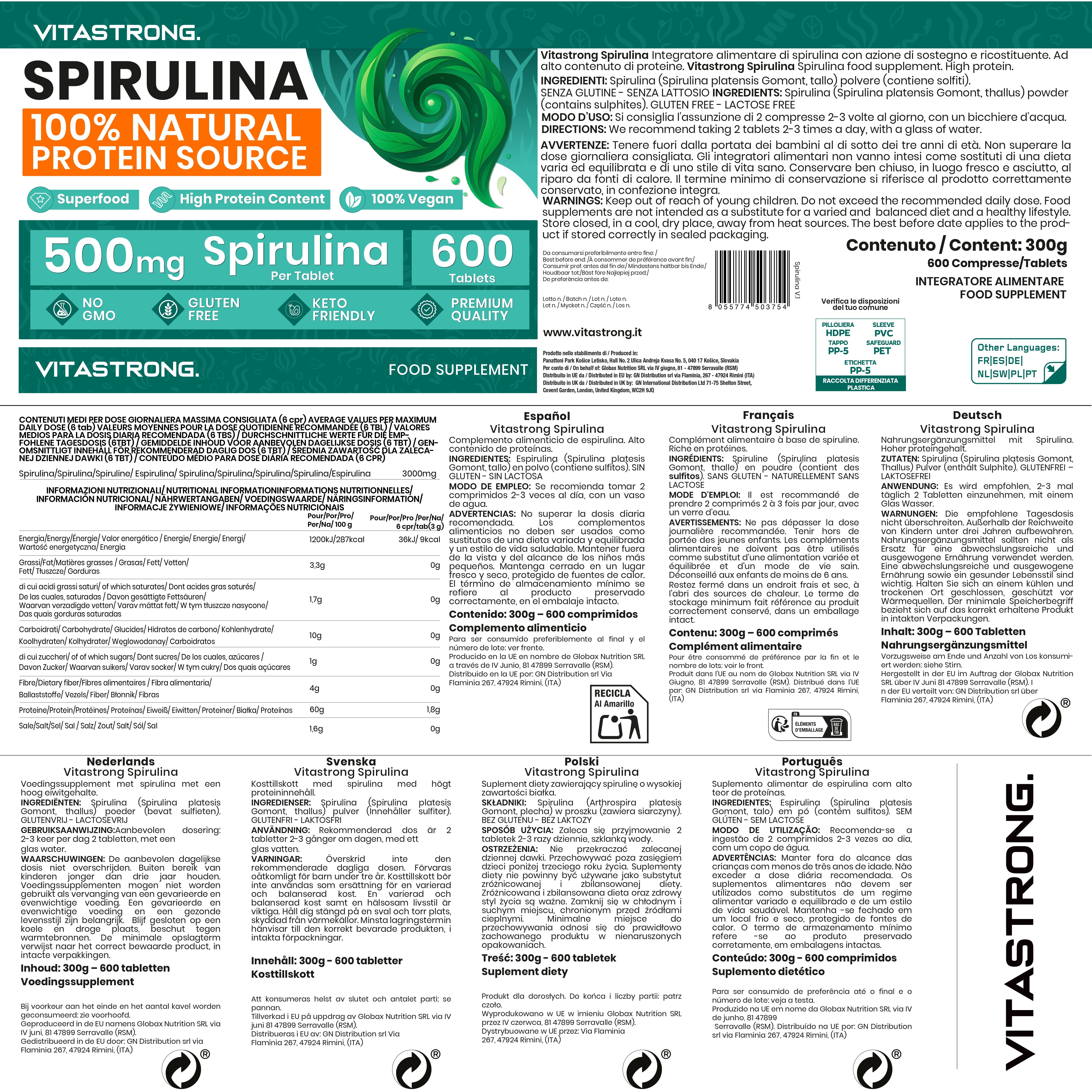 Retro della confezione Vitastrong Spirulina. Informazioni su ingredienti, valori nutrizionali e uso.