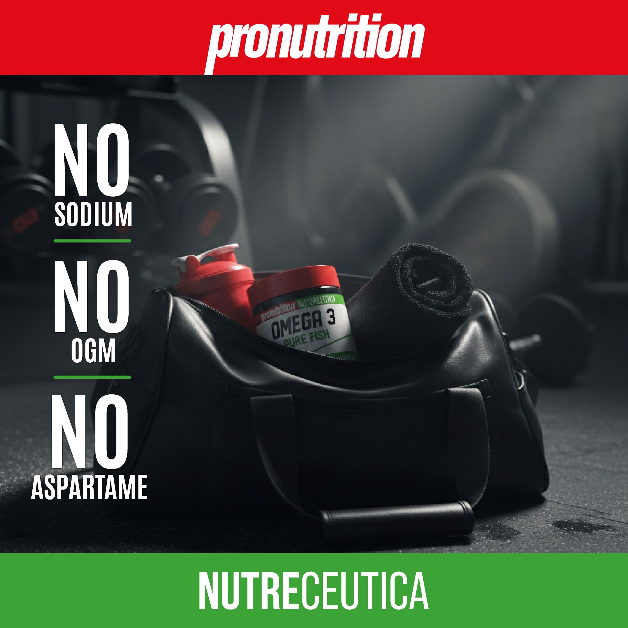 Borsa sportiva con barattolo Omega 3 Pure Fish, shaker e asciugamano. Testo: No sodio, no OGM, no aspartame.