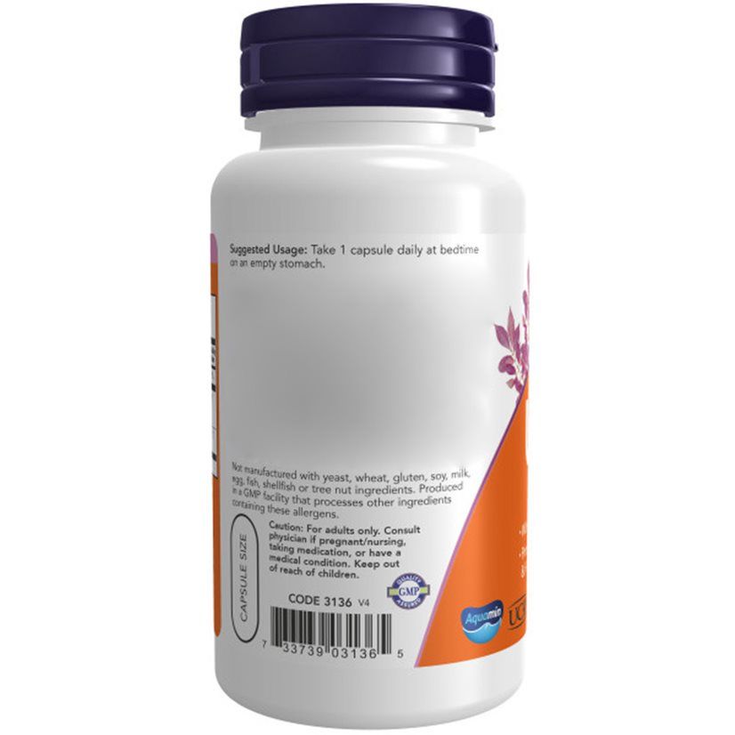 Flacone bianco con tappo viola. Etichetta arancione con informazioni sul prodotto. Testo: "Suggested Usage". Codice 3136 v4.