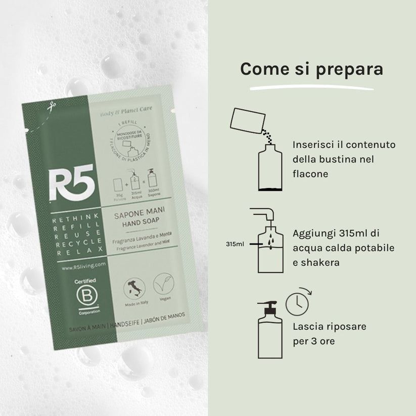 R5 Ricarica Sapone Mani Fragranza Menta e Lavanda, 100% Made in Italy