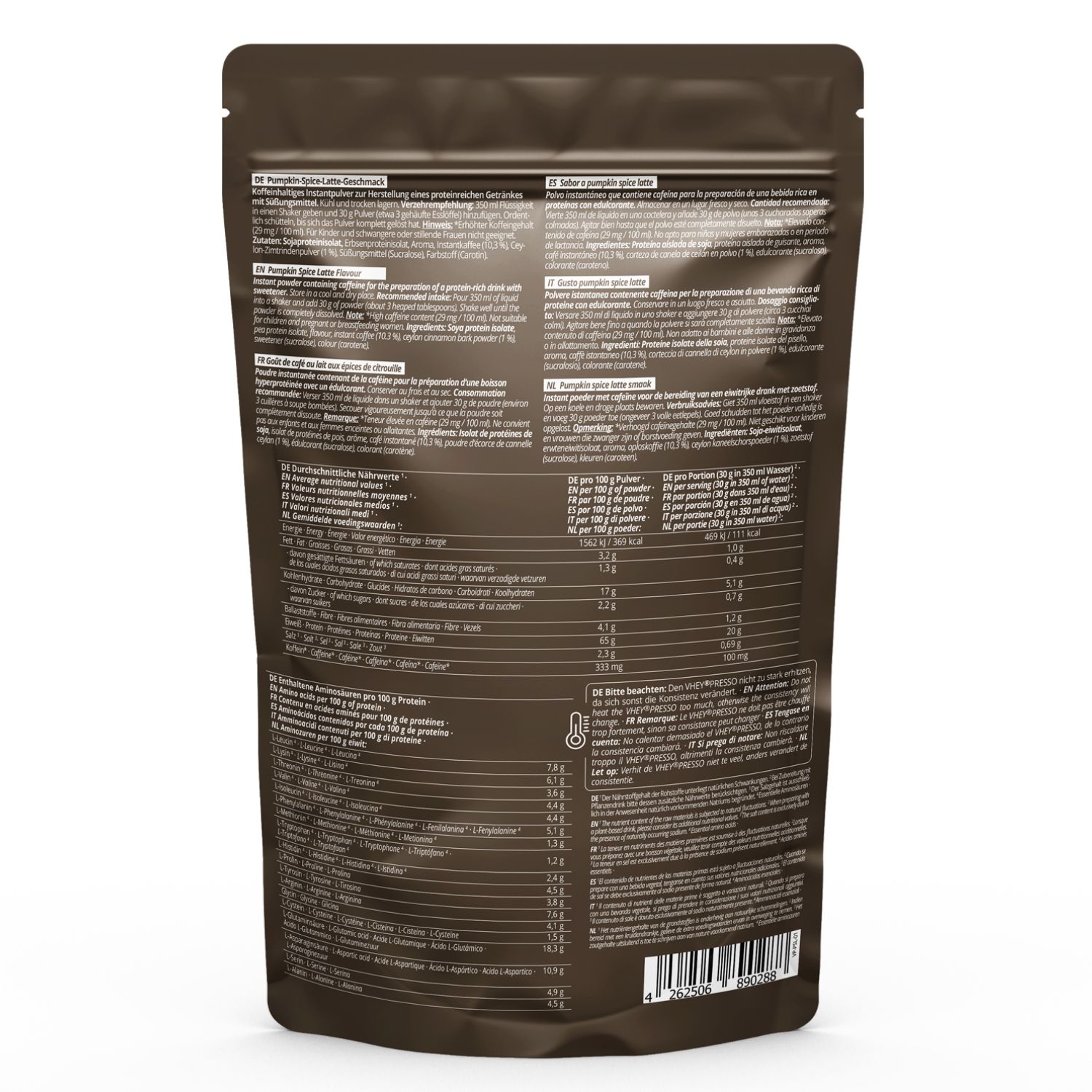 Retro della busta con testo e informazioni nutrizionali. Elenco ingredienti, istruzioni per la preparazione, tabella nutrizionale, informazioni produttore.