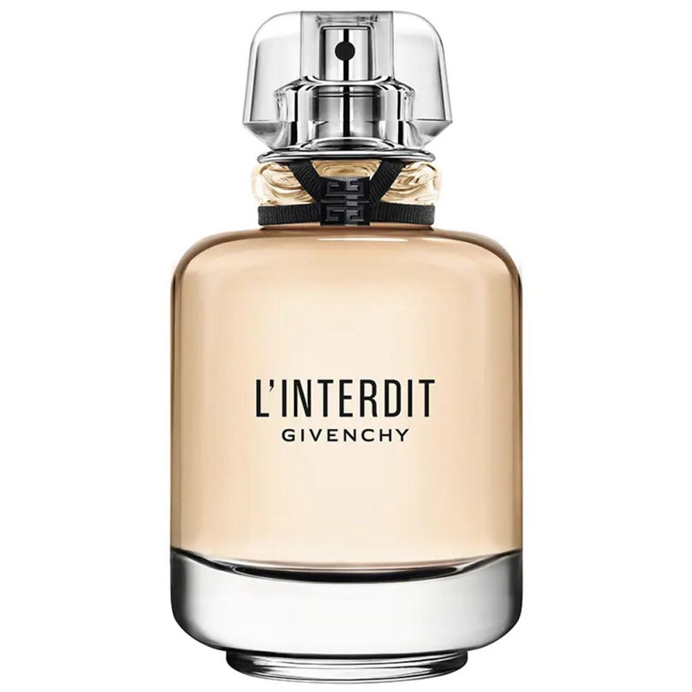 Flacone di profumo con tappo trasparente e nastro nero. Scritta L'Interdit Givenchy.