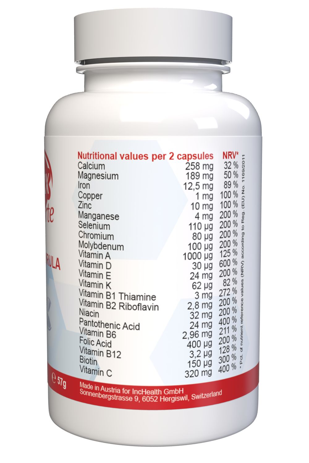 Flacone bianco con informazioni nutrizionali per 2 capsule. Contiene calcio, magnesio, ferro, ecc. Prodotto in Svizzera.