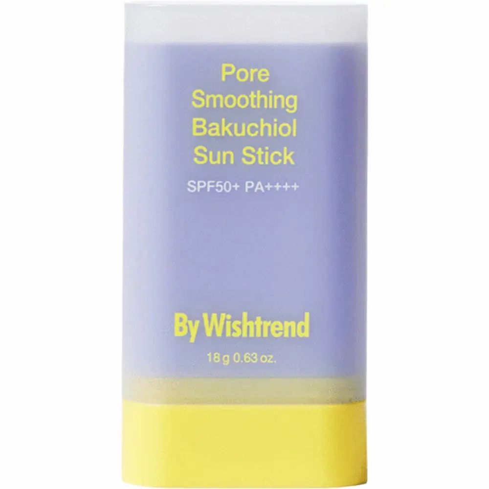 Stick solare viola e giallo. Scritta: Pore Smoothing Bakuchiol Sun Stick SPF50+ PA++++. Marchio: By Wishtrend. 18 g 0.63 oz.