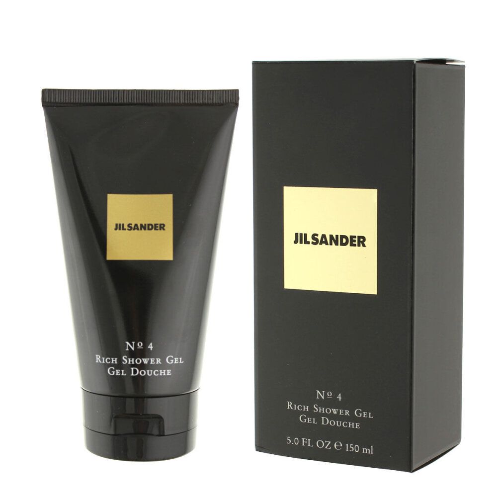 Tubo e scatola neri. Scritta: Jil Sander, No. 4, Rich Shower Gel, Gel Douche. Scatola con 5.0 FL OZ E 150 ml.
