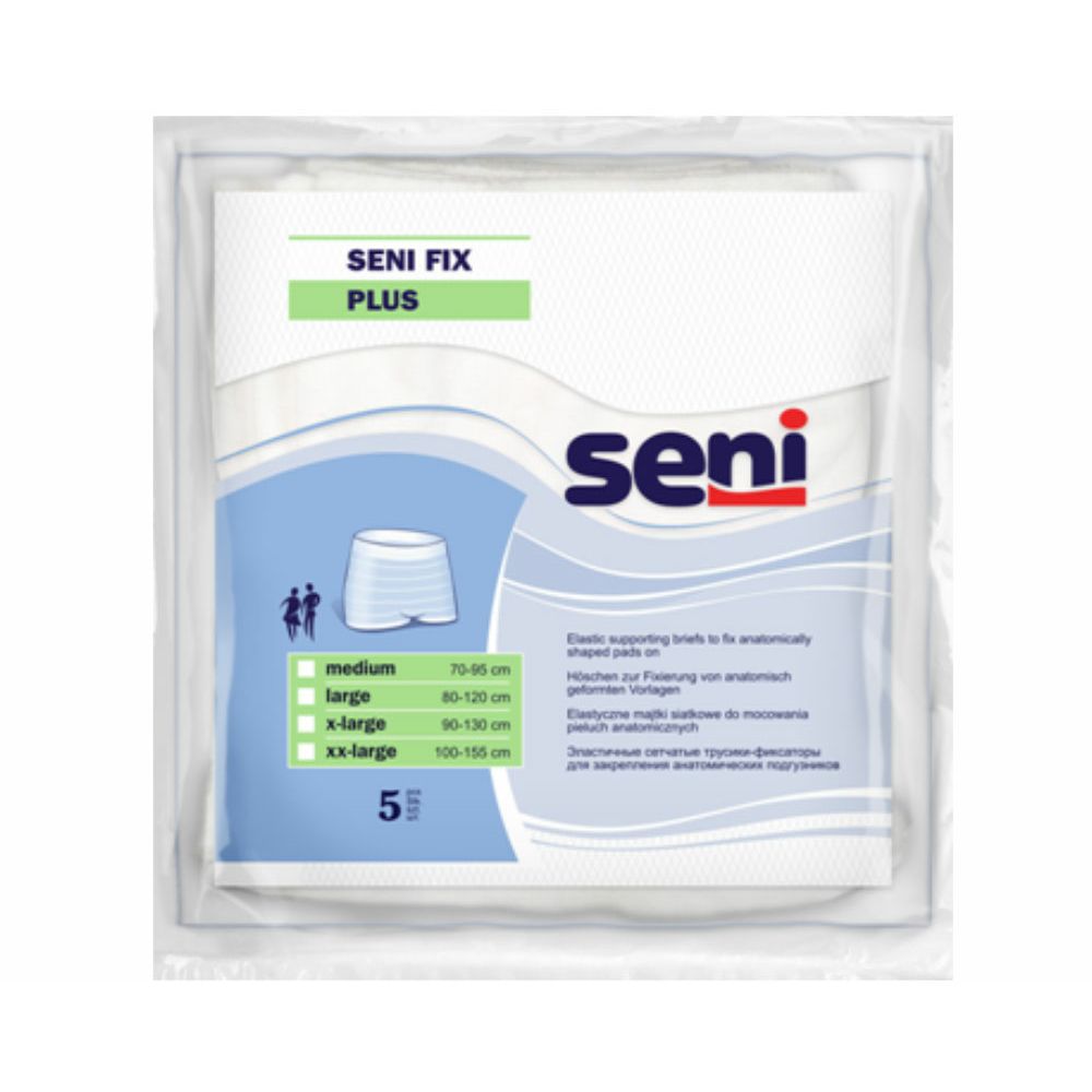 Confezione di Seni Fix Plus XXL. Mutandine elastiche bianche. Taglie: XXL, 100-135 cm. Confezione da 5 pezzi.