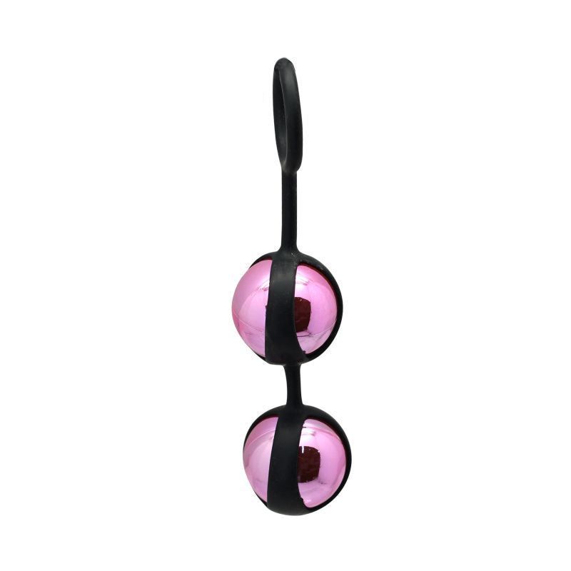 Due sfere rosa con connettore nero e anello. Superficie liscia. Vista frontale.