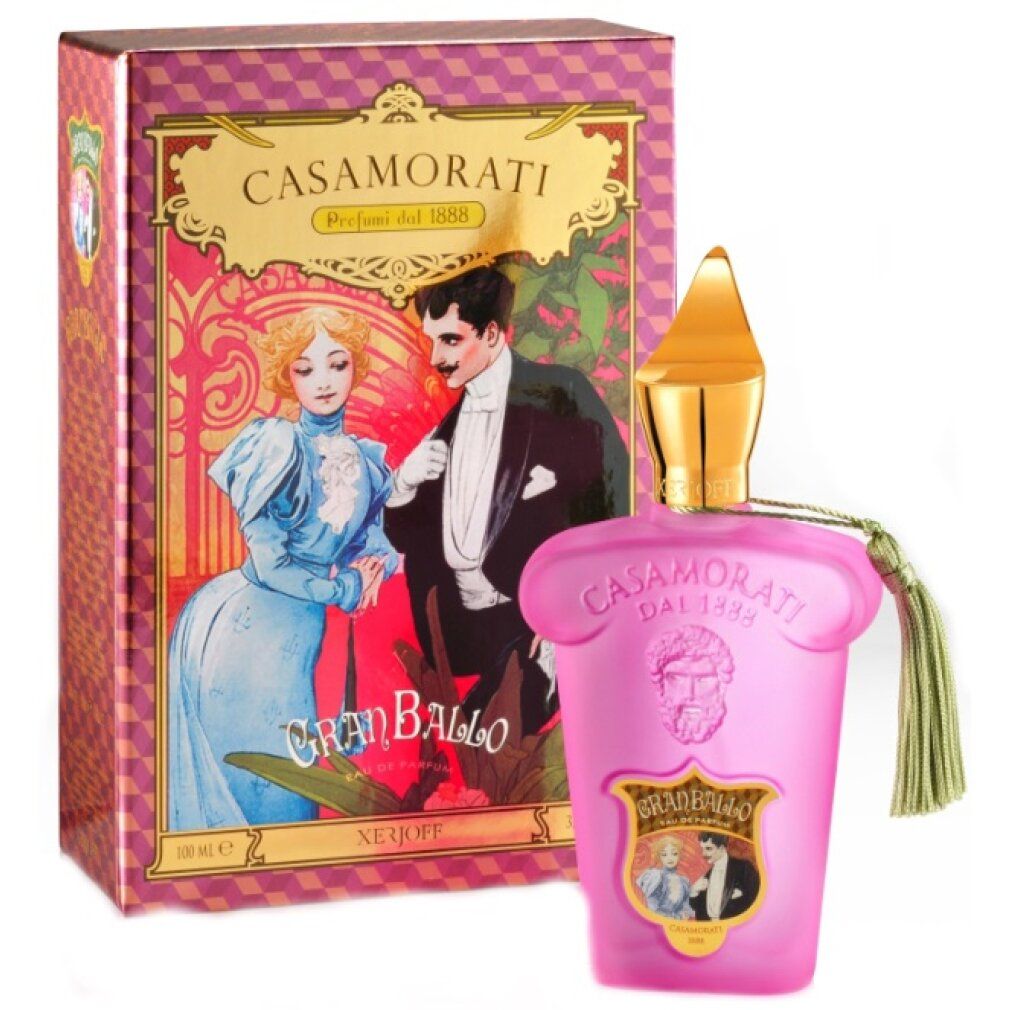 Flacone rosa con tappo dorato e nappa. Confezione con illustrazione di una coppia. Testo: Casamorati, Gran Ballo, Xerjoff.