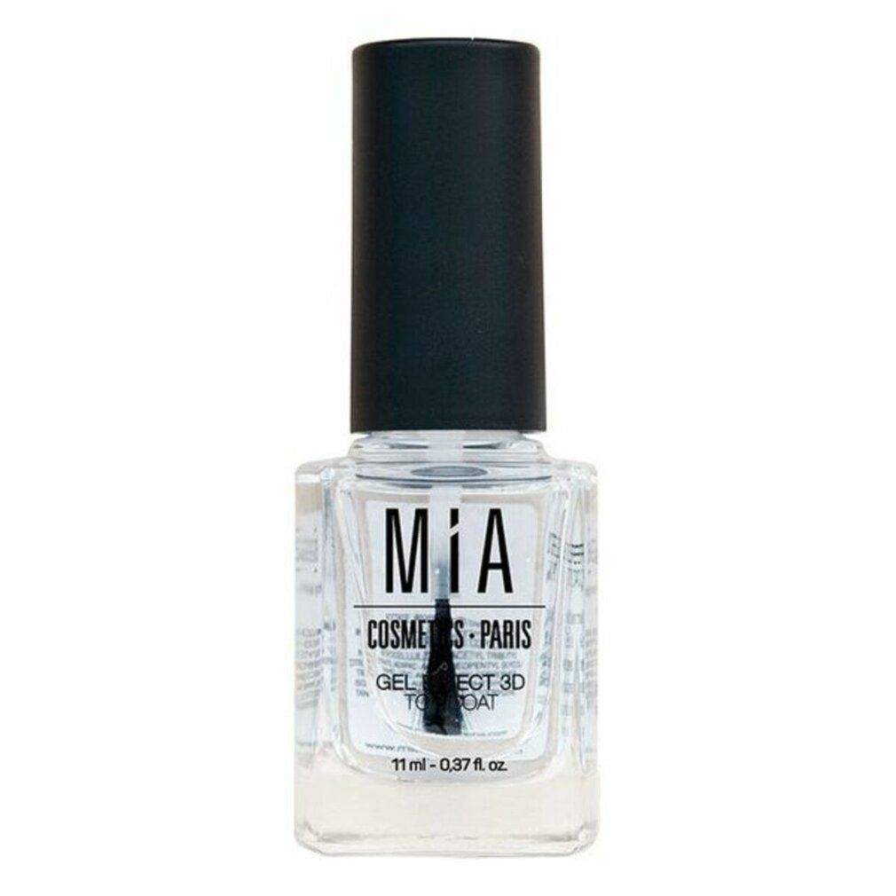 Flacone di smalto trasparente con tappo nero. Scritta: MIA, COSMETICS-PARIS, GEL EFFECT 3D TOP COAT. 11 ml - 0.37 fl. oz. Pennello visibile.