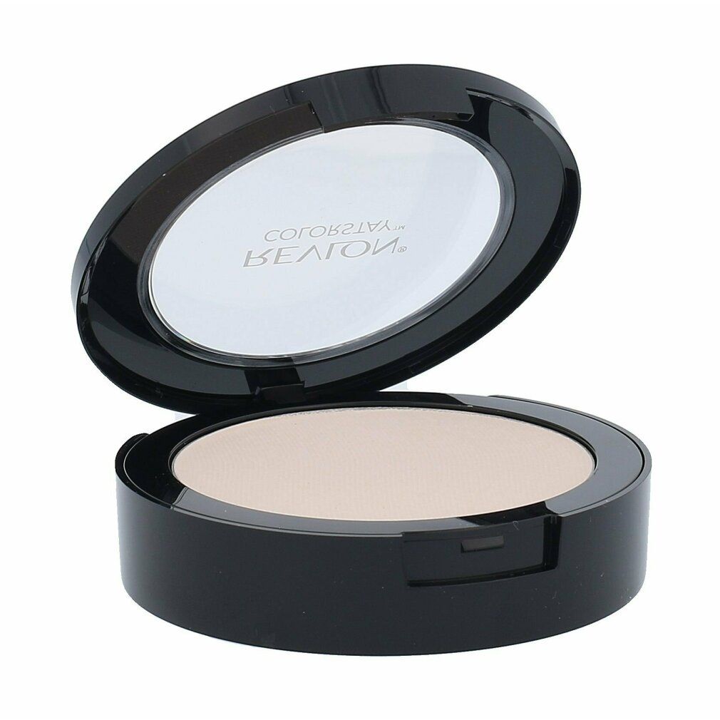 Cipria compatta nera, aperta. Il coperchio mostra uno specchio. La cipria è chiara e rotonda. REVLON COLORSTAY è scritto sulla cipria.