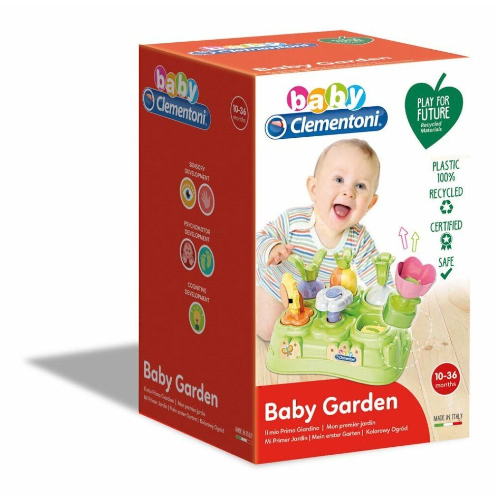 Confezione con giocattolo Baby Clementoni. Bambino sulla scatola. Testo: Baby Garden, 10-36 mesi, Play for Future.