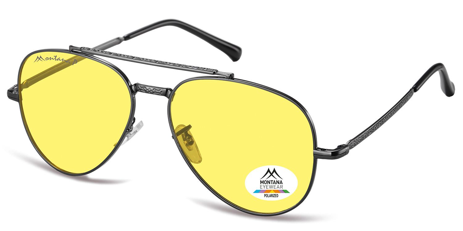 Occhiali da sole con lenti gialle e montatura in metallo. Logo Montana Eyewear e indicazione di polarizzazione. Forma aviator, obliquo.