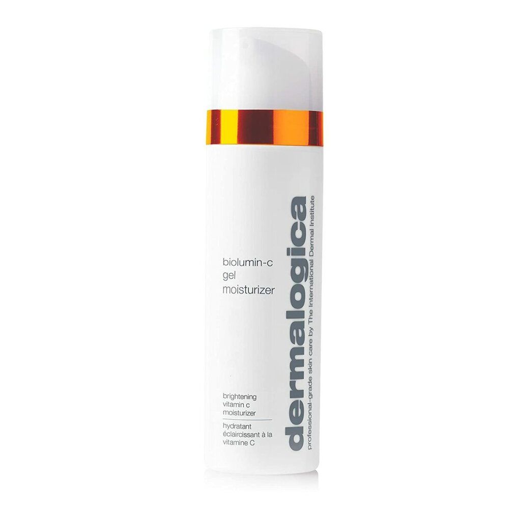 Flacone bianco con anello dorato e testo. Nome prodotto: biolumin-c gel moisturizer. Marchio: dermalogica.