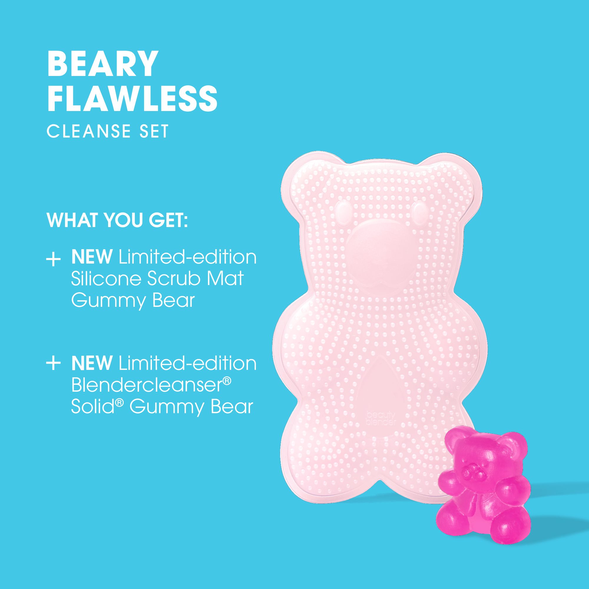Tappetino di pulizia in silicone rosa e orsetto gommoso rosa. Testo: Beary Flawless Cleanse Set.