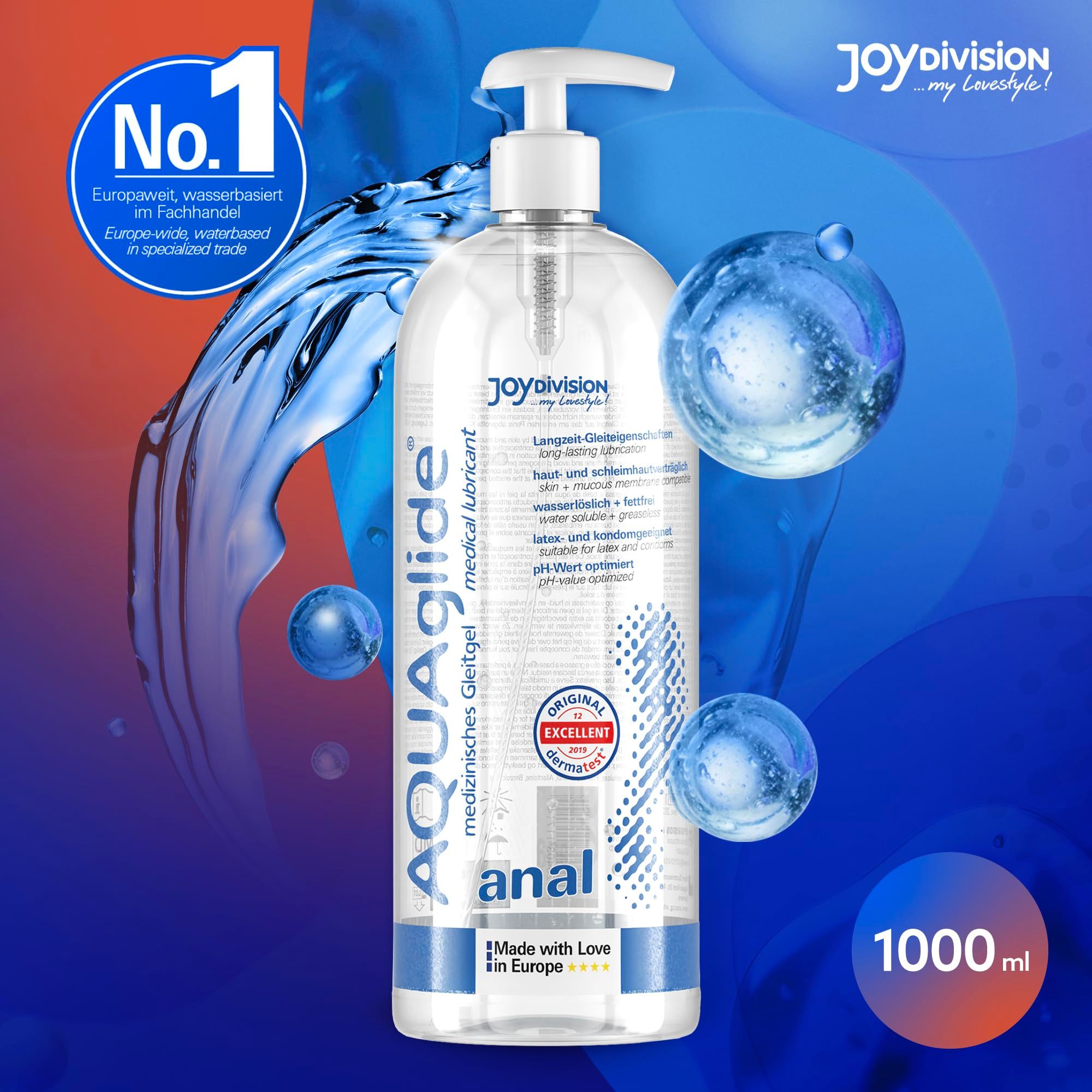Gel lubrificante anale AQUAglilde 1000ml in flacone con pompa, circondato da bolle d'acqua.