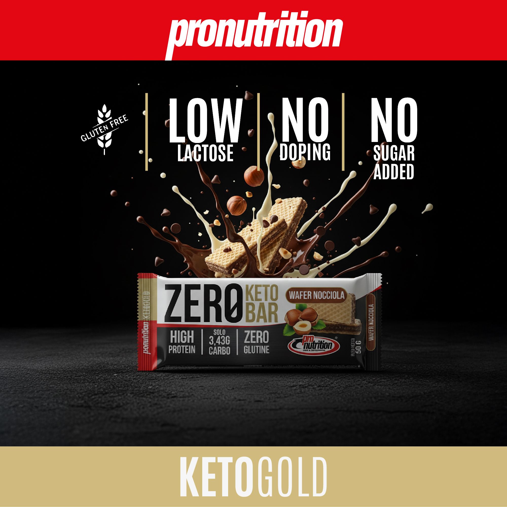 Pronutrition Zero Keto Bar, Wafer Nocciola. Scritta: High Protein, Zero Gluten, Low Carb, senza zucchero.