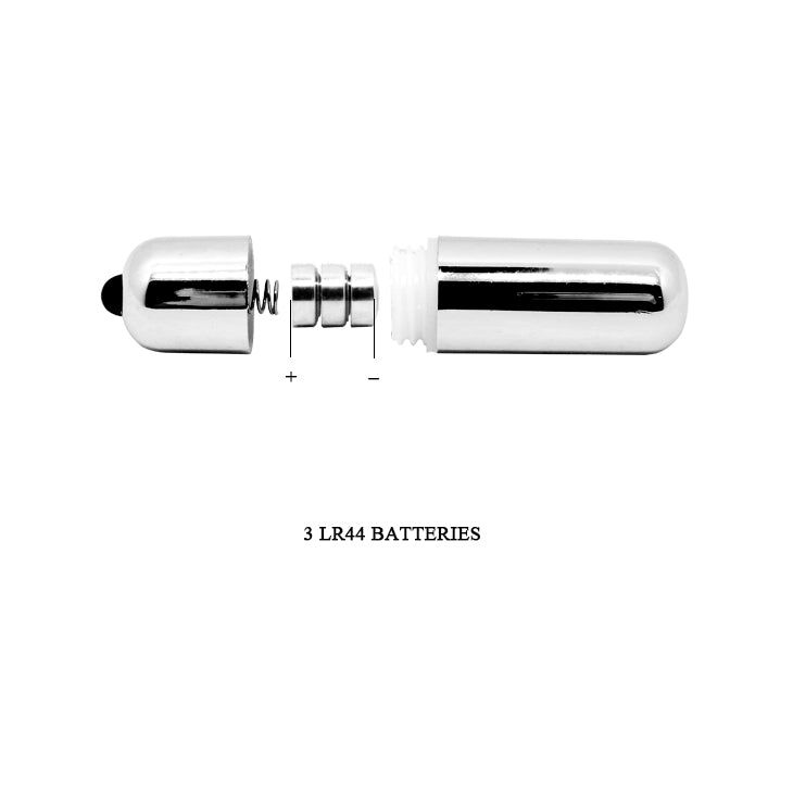 Vibratore color argento con tre batterie LR44 e una molla.