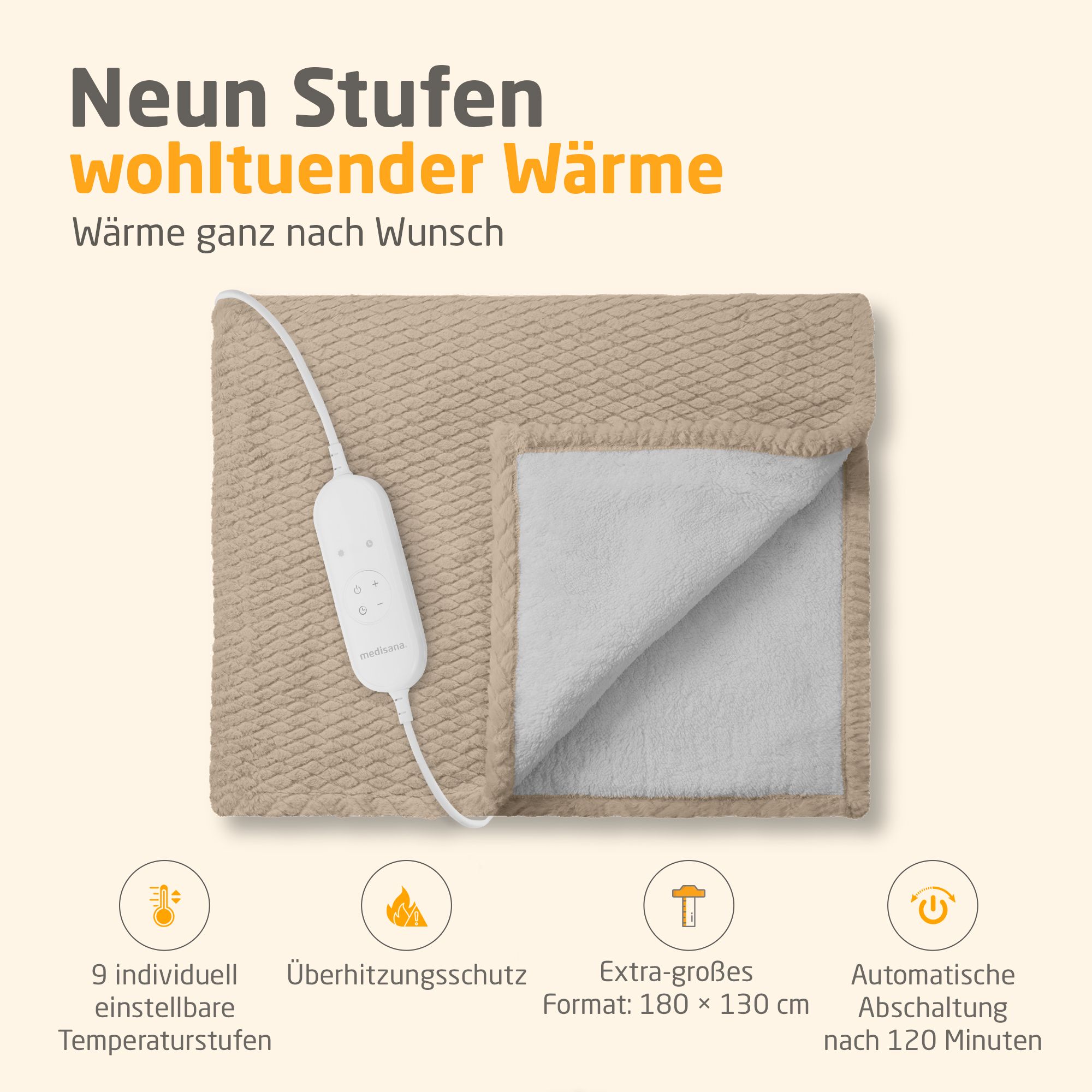 Coperta termica beige, interno bianco. 9 livelli di temperatura, protezione surriscaldamento, formato 180x130 cm, spegnimento automatico.