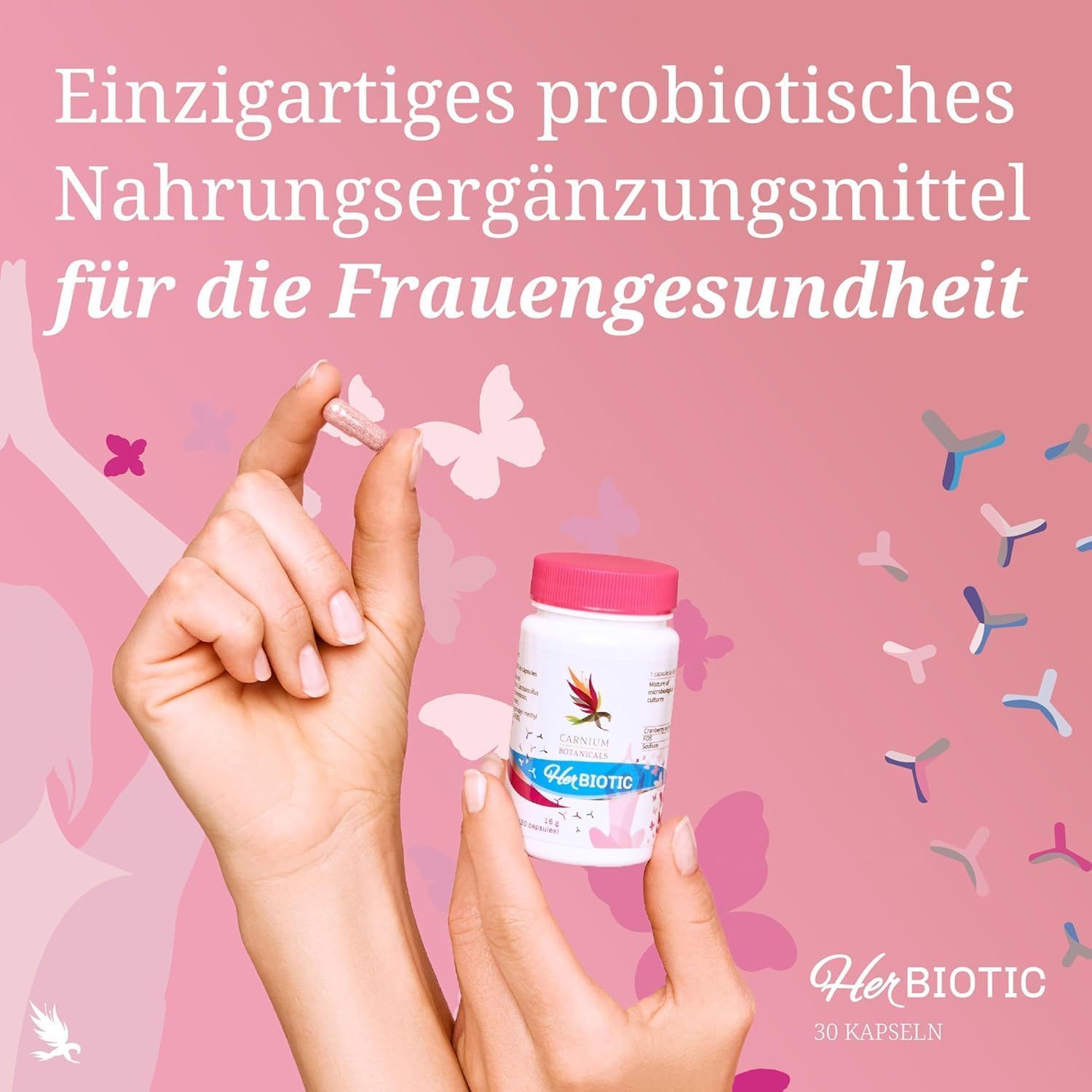 Mani tengono capsula e flacone HerBiotic. Sfondo rosa. Testo: Integratore per la salute femminile. 30 capsule.