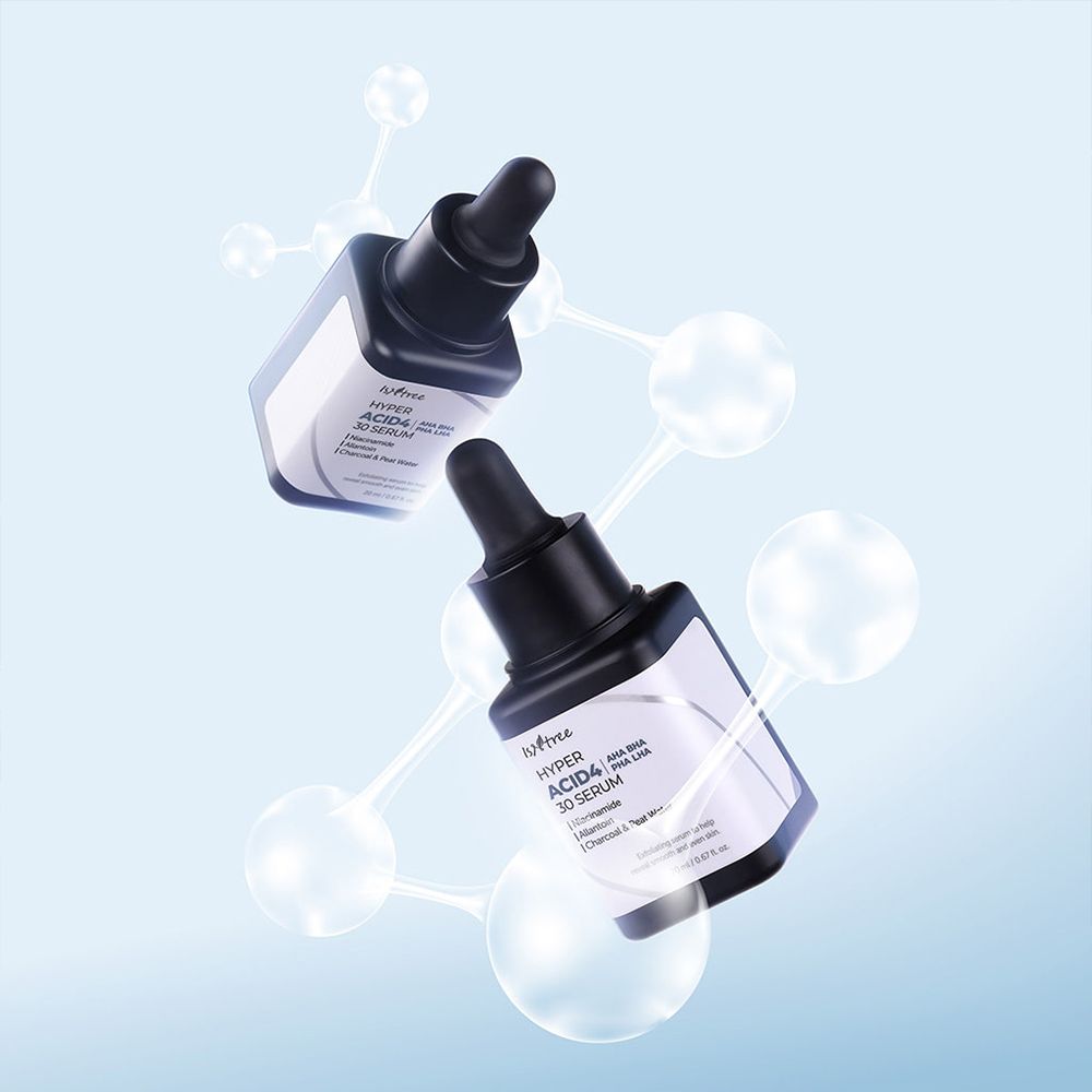 Due flaconi ISNTREE Hyper Acid4 30 Serum con struttura molecolare.