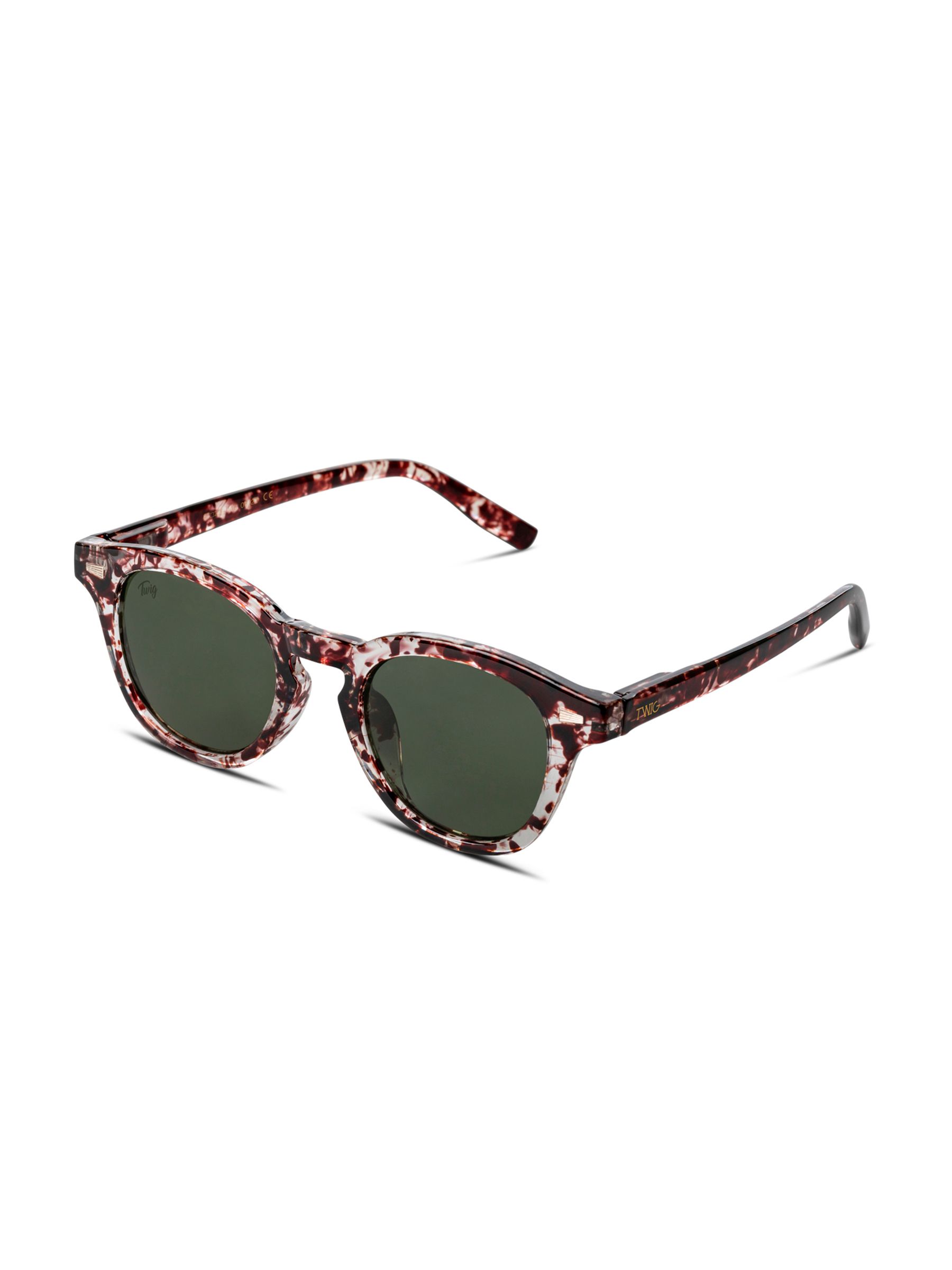 Vista laterale degli occhiali da sole. Forma rotonda, motivo rosso e bianco. Lenti scure. Aste nere.