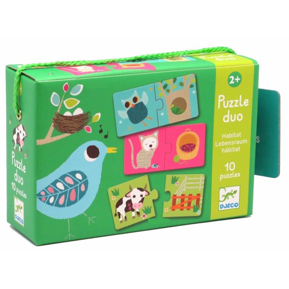 Puzzle duo Djeco, 10 puzzle. Scatola verde con puzzle animali e habitat. Cordino verde. Età 2+.